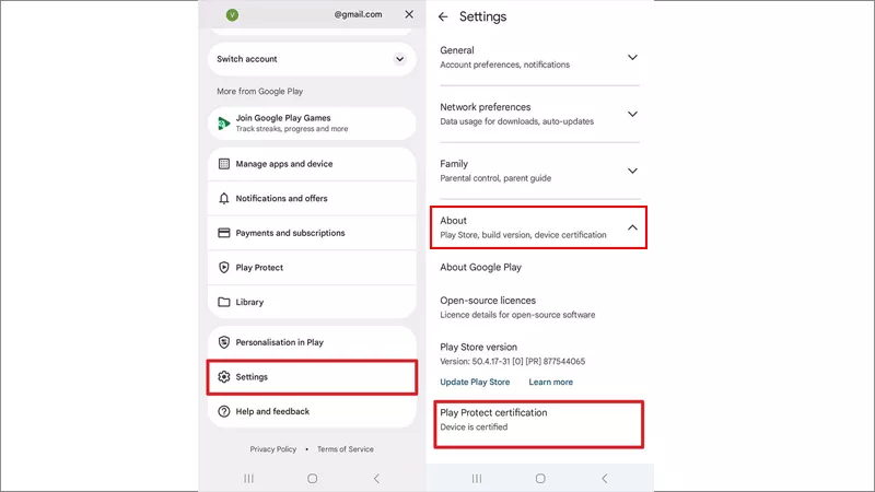 Google Play Store settings screen showing Play Protect certification status