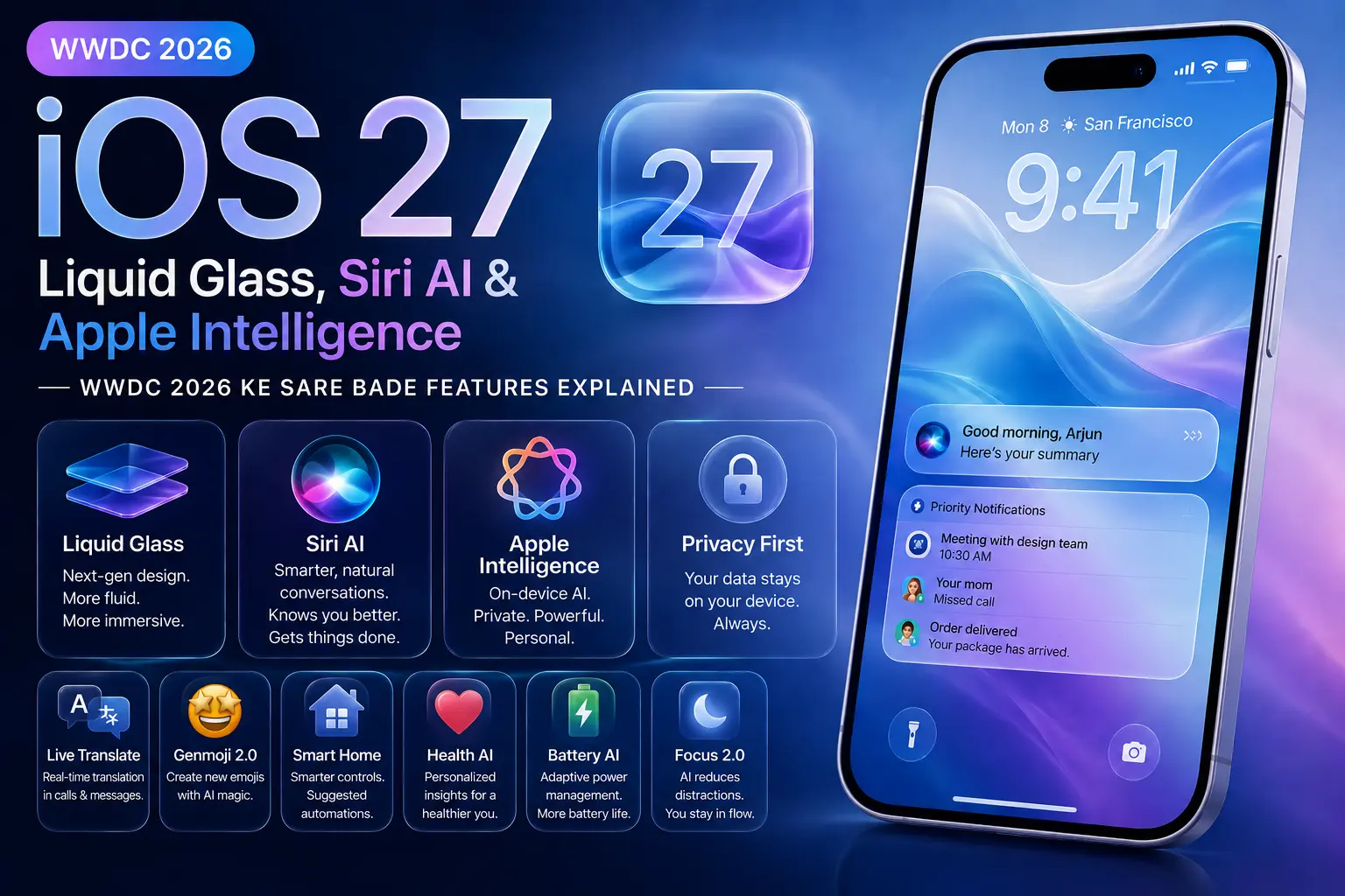 iOS 27 Liquid Glass home screen on iPhone